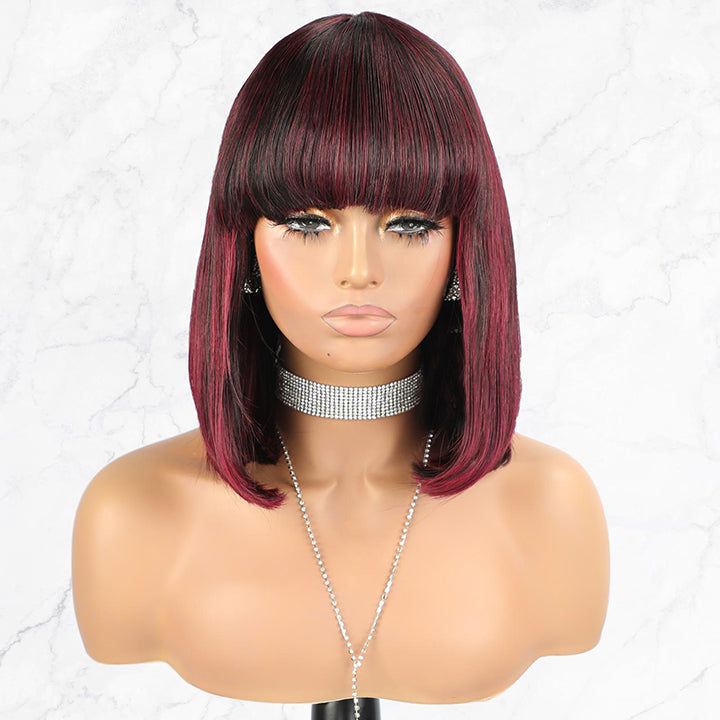 BOGO Sunber Mix Highlight Burgundy Bob Wig With Bangs