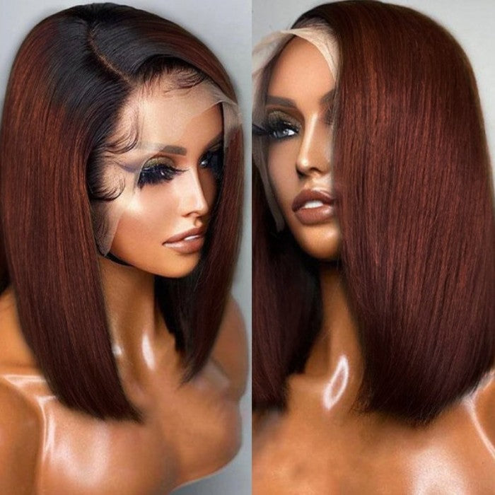 $100 Off Sunber 180% Density Dark Copper Red Balayage Angled Sleek 13x4 Lace Front Short Bob Wig