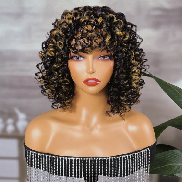 Sunber Curly Natural Black Mix With Blonde Short Bob Wigs With Bang