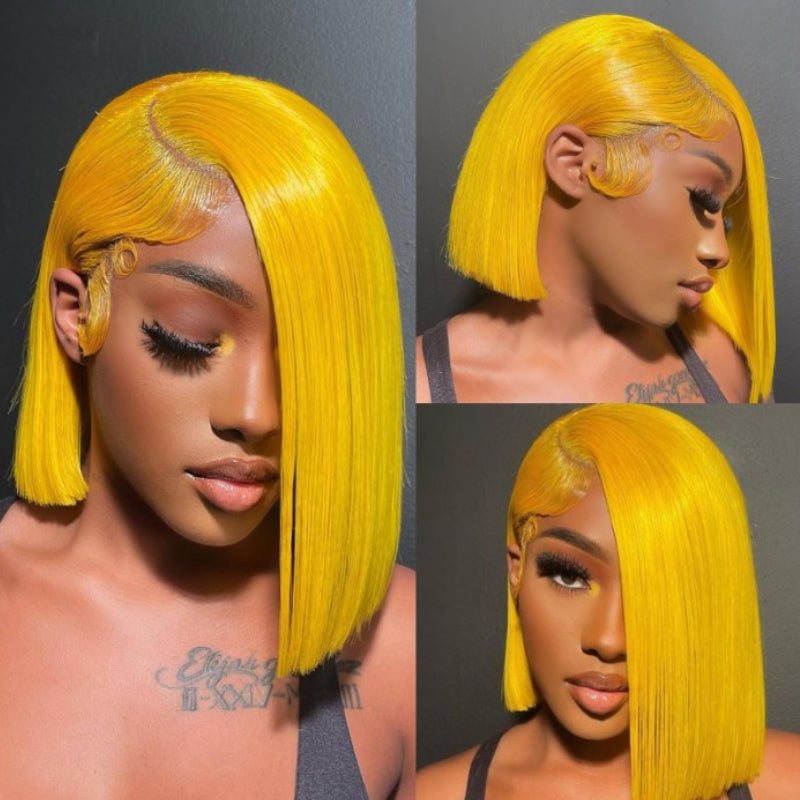 Sunber Lemon Yellow Straight Shoulder Length 13x4 Bob Lace Wig