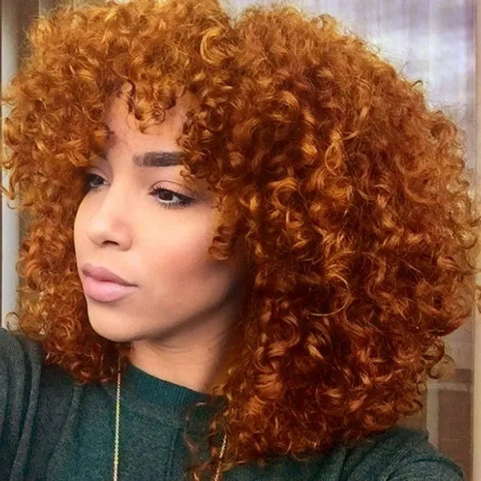 BOGO Sunber Ginger Orange Bouncy Curls Short Human Hair Wigs With Bangs Glueless Pixie Cuts Wigs