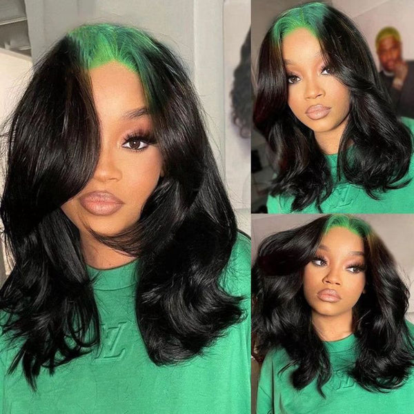 Flash Sale Sunber Sparkle Green Colored Roots Body Wave 13x4 Lace Frontal Wigs Skunk Stripe Human Hair Wigs