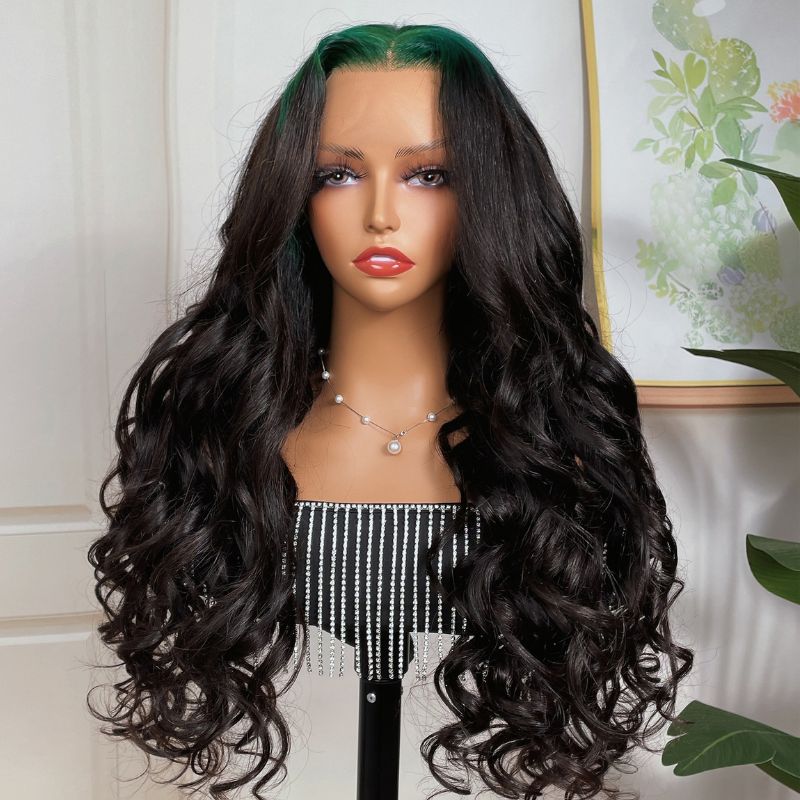 Flash Sale Sunber Sparkle Green Colored Roots Body Wave 13x4 Lace Frontal Wigs Skunk Stripe Human Hair Wigs