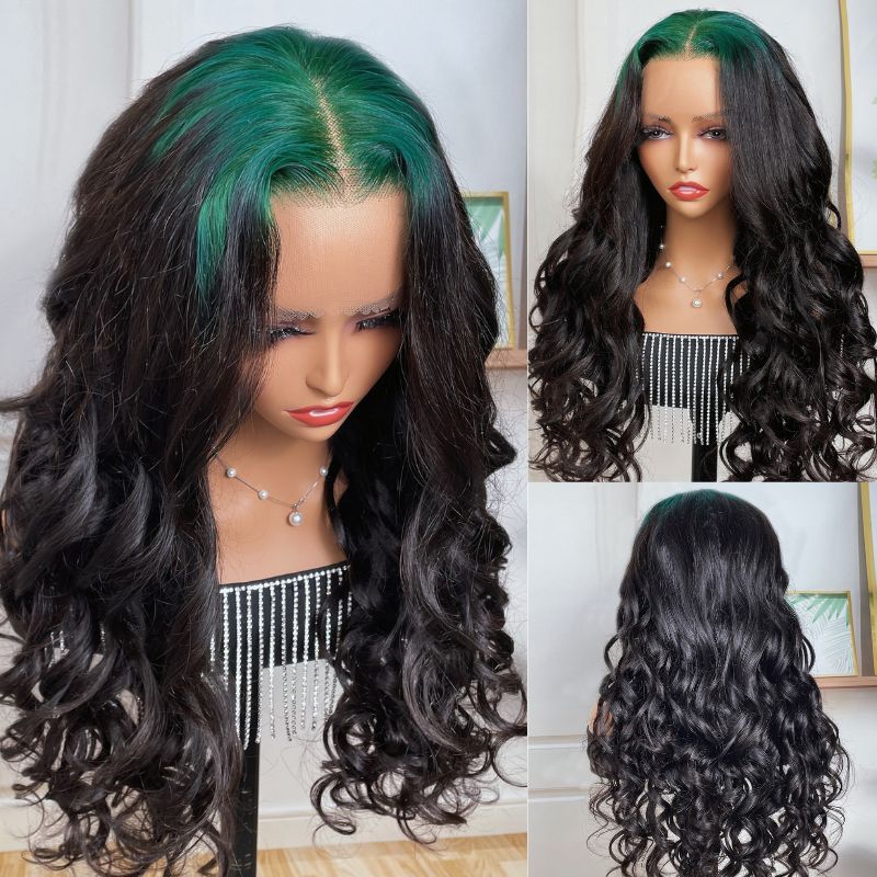 Flash Sale Sunber Sparkle Green Colored Roots Body Wave 13x4 Lace Frontal Wigs Skunk Stripe Human Hair Wigs