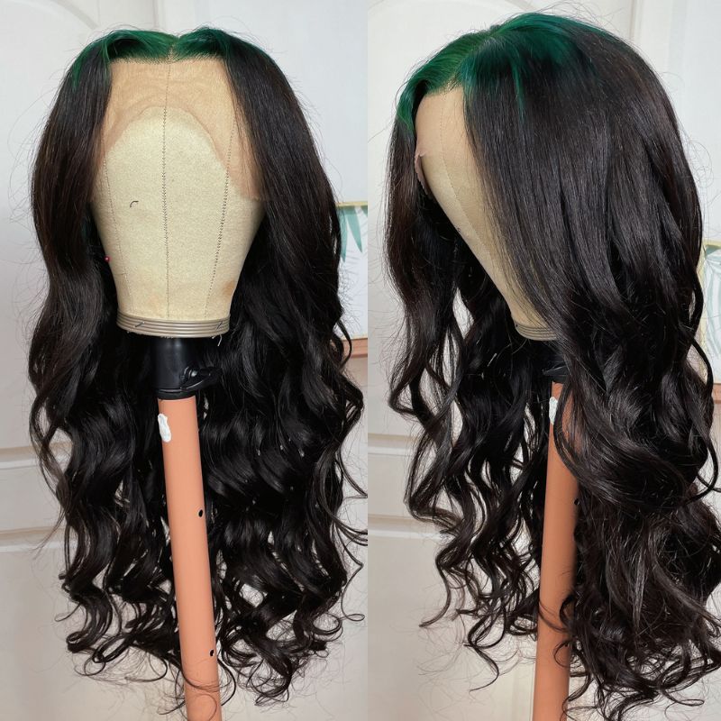 Flash Sale Sunber Sparkle Green Colored Roots Body Wave 13x4 Lace Frontal Wigs Skunk Stripe Human Hair Wigs