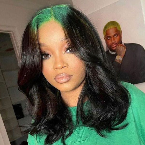Sunber Sparkle Green Colored Roots Body Wave 13x4 Lace Frontal Wigs Skunk Stripe Human Hair Wigs