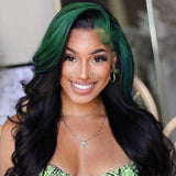 Flash Sale Sunber Sparkle Green Colored Roots Body Wave 13x4 Lace Frontal Wigs Skunk Stripe Human Hair Wigs