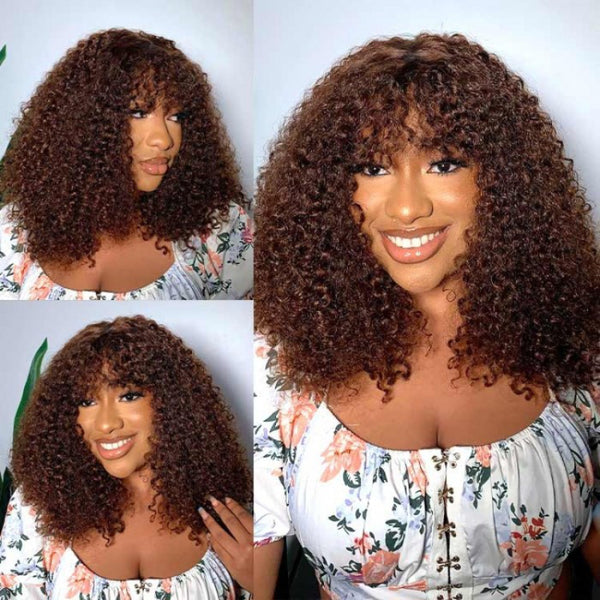 Flash Sale Sunber Ombre Brown Glueless 12inch Bob Wig With Bangs Human Hair With Breathable Cap