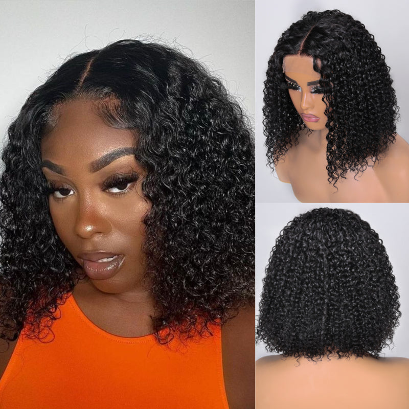 Sunber Natural Black 4*0.75 Lace Part Bob Wigs With 14inch Human Hair Curly Wig