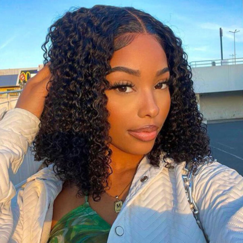 Sunber Natural Black 4*0.75 Lace Part Bob Wigs With 14inch Human Hair Curly Wig