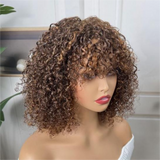 BOGO Sunber Brown Highlights Glueless Curly Bob Wig With Curtain Bangs