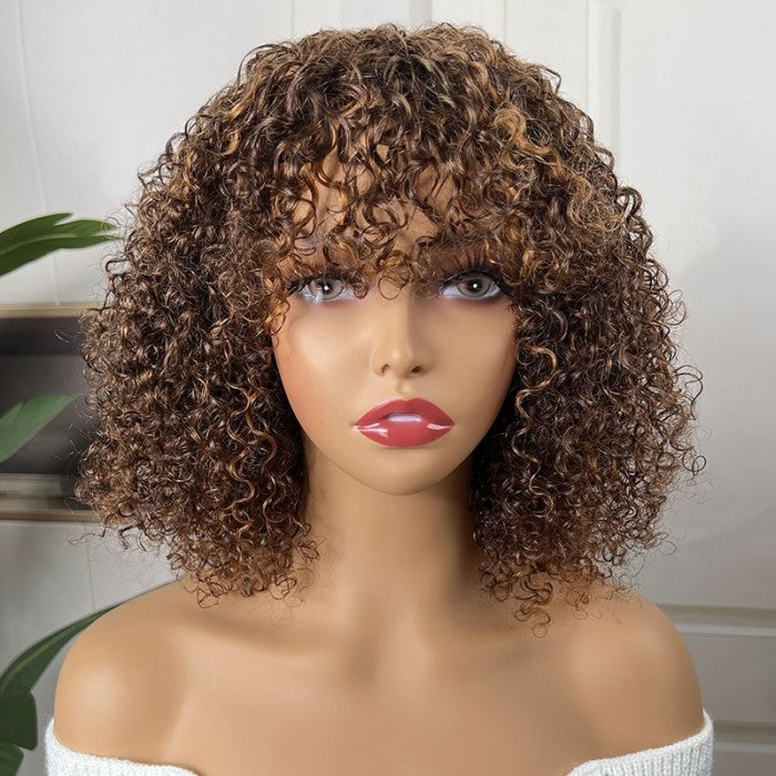 BOGO Sunber Brown Highlights Glueless Curly Bob Wig With Curtain Bangs