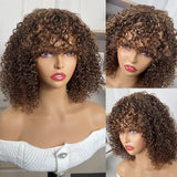 BOGO Sunber Brown Highlights Glueless Curly Bob Wig With Curtain Bangs