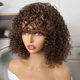 BOGO Sunber Brown Highlights Glueless Curly Bob Wig With Curtain Bangs