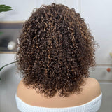 BOGO Sunber Brown Highlights Glueless Curly Bob Wig With Curtain Bangs