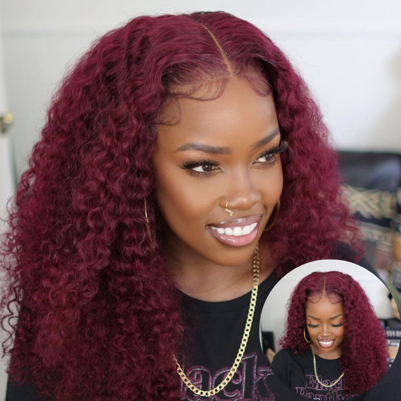 $100 Off Sunber Jerry Curly 99J Red Burgundy Lace Closure Wig Lace Front Human Hair Wigs