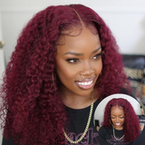 BOGO Sunber Jerry Curly 99J Red Burgundy Lace Closure Wig 180% Density Lace Front Human Hair Wigs