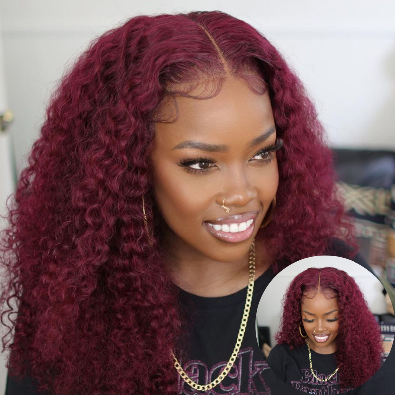 BOGO Sunber Jerry Curly 99J Red Burgundy Lace Closure Wig 180% Density Lace Front Human Hair Wigs