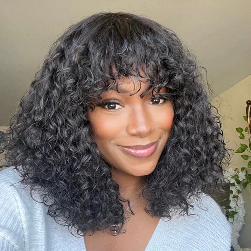 Sunber Natural Black Curly Bob Wigs With Bangs Human Hair Air Wig Cap For Women
