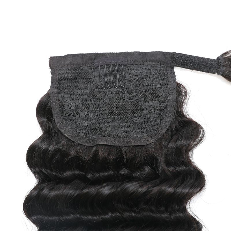 Sunber Deep Wave Ponytail Human Hair Extensions Wrap Around with Clips In