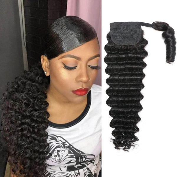 Sunber Deep Wave Ponytail Human Hair Extensions Wrap Around with Clips In