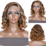 Sunber Ombre Auburn Highlight Color Natural Wave Lace FrontShort Bob Wig Voluminous Bouncy Human Hair  Wig