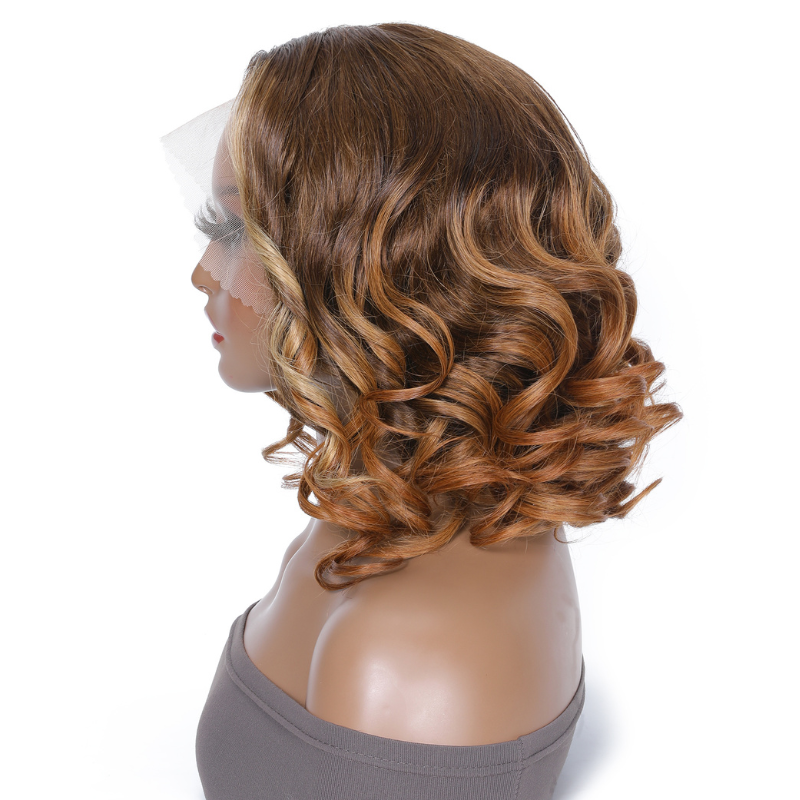 Sunber Ombre Auburn Highlight Color Natural Wave Lace FrontShort Bob Wig Voluminous Bouncy Human Hair  Wig