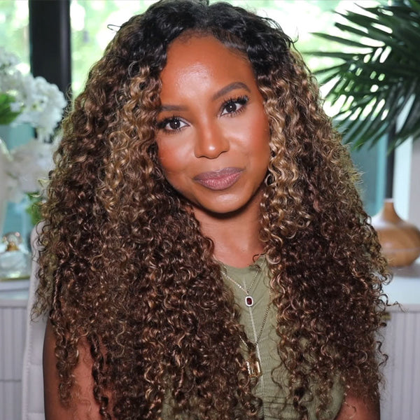 Sunber Dark Roots Ombre Highlight Color V Part Curly Wig Effortless To Put On Human Hair Wig