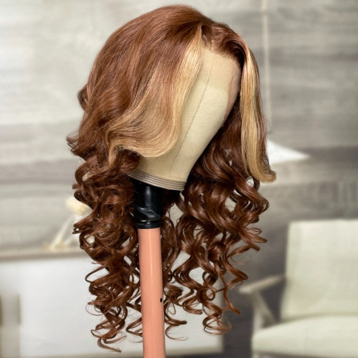 Sunber Brunette with blonde highlight 13*4 Lace Front Loose Wave Wig Face-framing Precolored Human Hair
