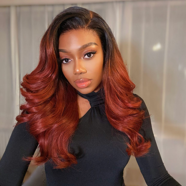 Sunber Reddish Brown Dark Roots V Part Wig Body Wave Glueless Human Hair Wigs