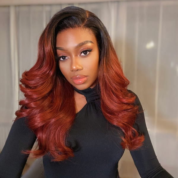 Flash Sale Sunber Reddish Brown Dark Roots V Part Wig Body Wave Glueless Human Hair Wigs