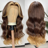 Sunber Cut Curtain Bangs Ombre Dark Brown with Blonde Highlights Lace Front Wig