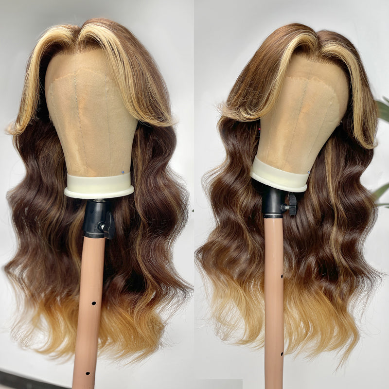 Sunber Cut Curtain Bangs Ombre Dark Brown with Blonde Highlights Lace Front Wig