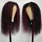 Sunber Dark Burgundy With Rose Red Highlights Curly 13x4 Lace Front Wig With 150% Density
