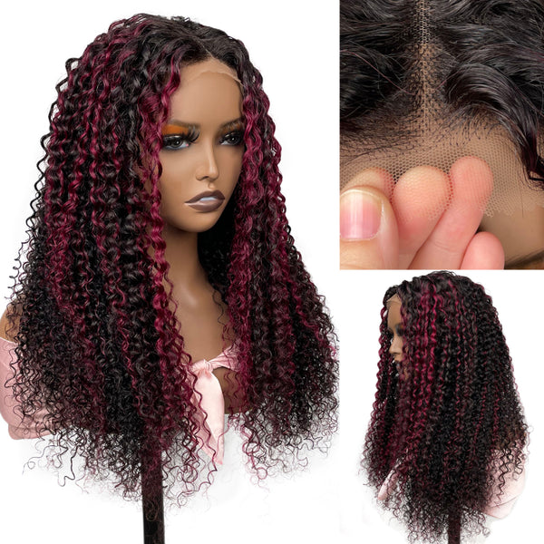 Sunber Dark Burgundy With Rose Red Highlights Curly 13x4 Lace Front Wig With 150% Density