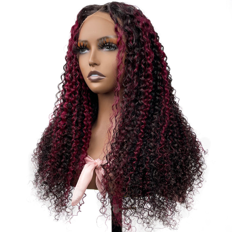 Sunber Dark Burgundy With Rose Red Highlights Curly 13x4 Lace Front Wig With 150% Density