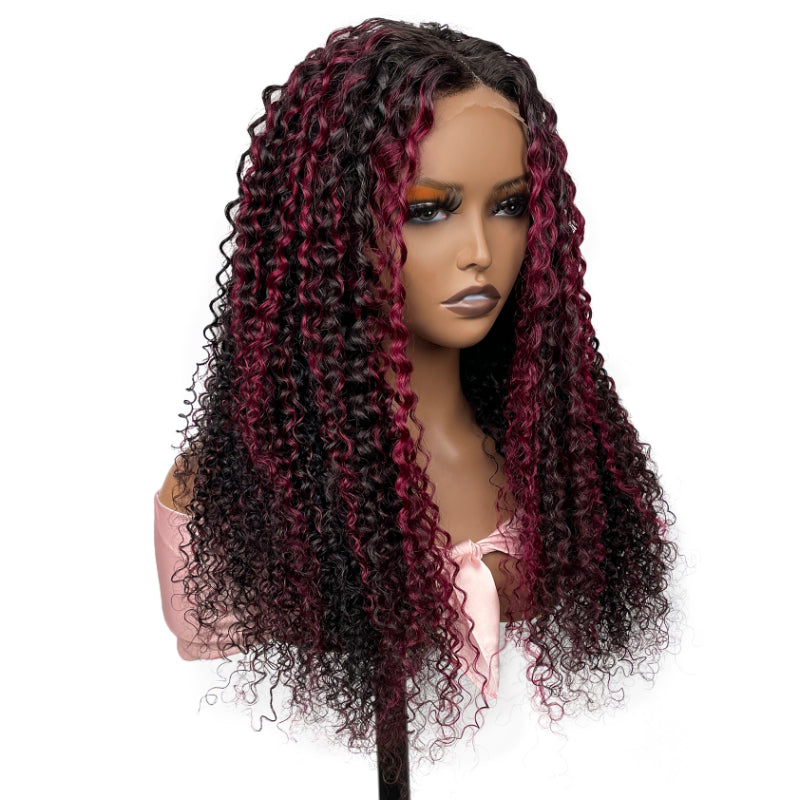 Sunber Dark Burgundy With Rose Red Highlights Curly 13x4 Lace Front Wig With 150% Density