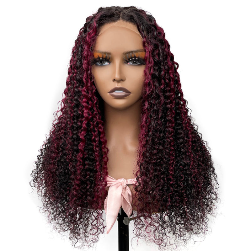 Sunber Dark Burgundy With Rose Red Highlights Curly 13x4 Lace Front Wig With 150% Density