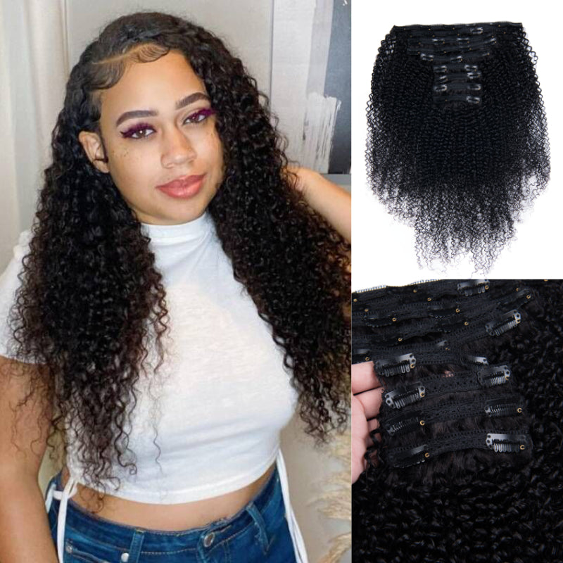 Sunber Clip in Hair Extensions 9pcs No Lace Kinky Curly Human Hair For Women