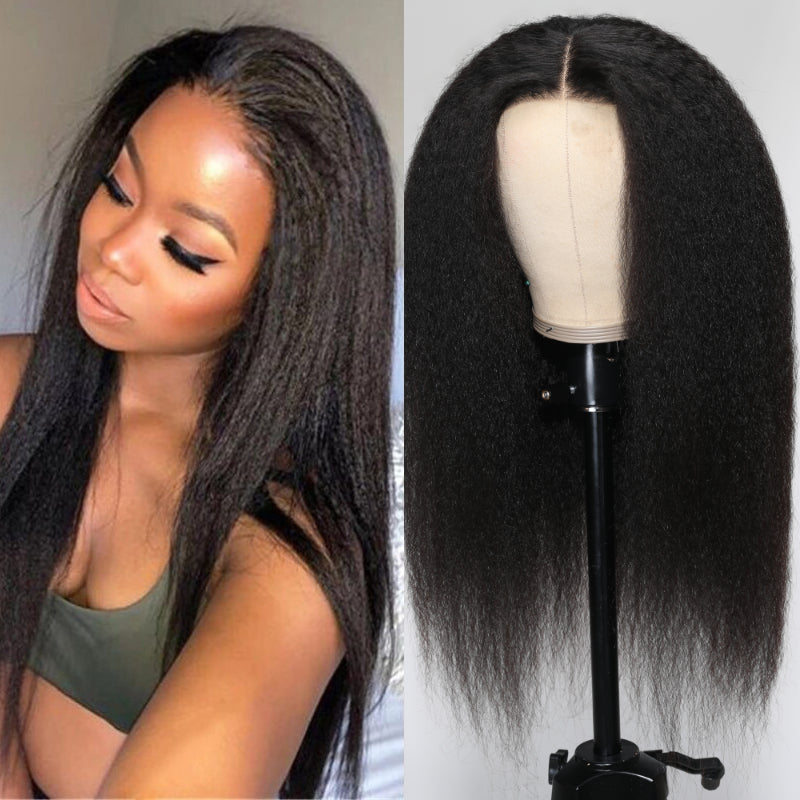 Flash Sale Sunber Kinky Straight Pre-Cut Lace Bye Bye Knots Human Hair Wig With Breathable Cap