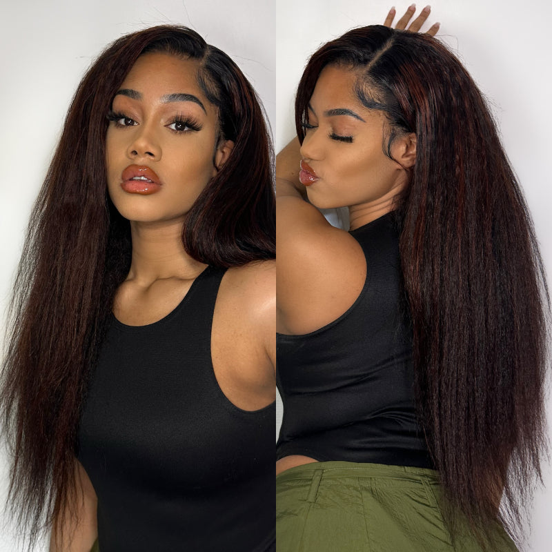 BOGO Sunber Reddish Brown Highlight 13x4 Lace Front Wig Kinky Straight Human Hair With Dark Roots
