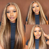 Sunber Honey Blonde Highlight 13x4 Lace Front Wig Kinky Straight Human Hair