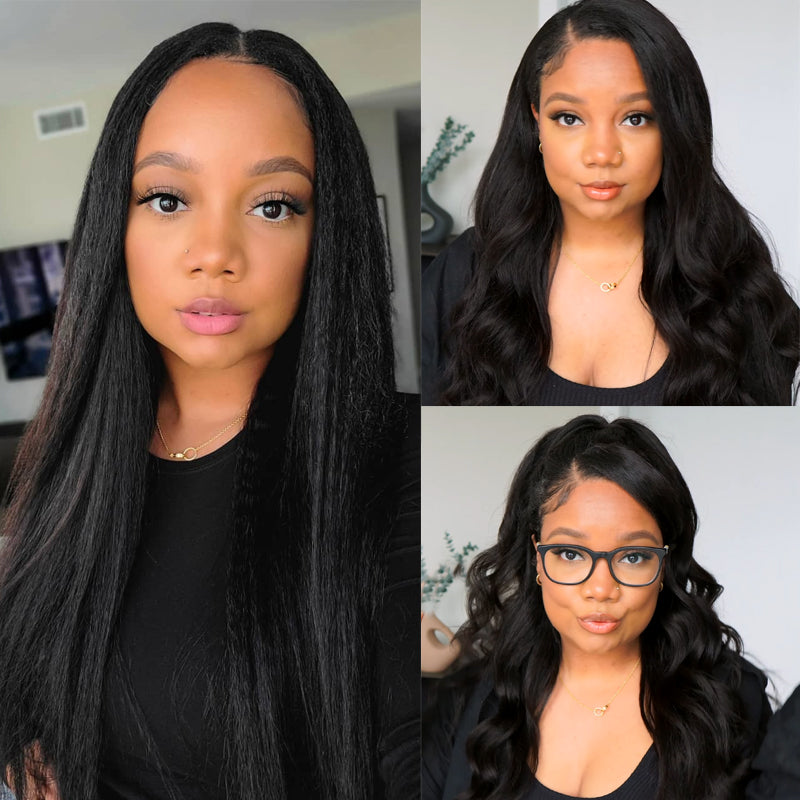 Flash Sale Sunber 180% Density Small Head Friednly Kinky Straight V Part Wigs Versatile No Leave Out Yaki Straight Human Hair Wigs