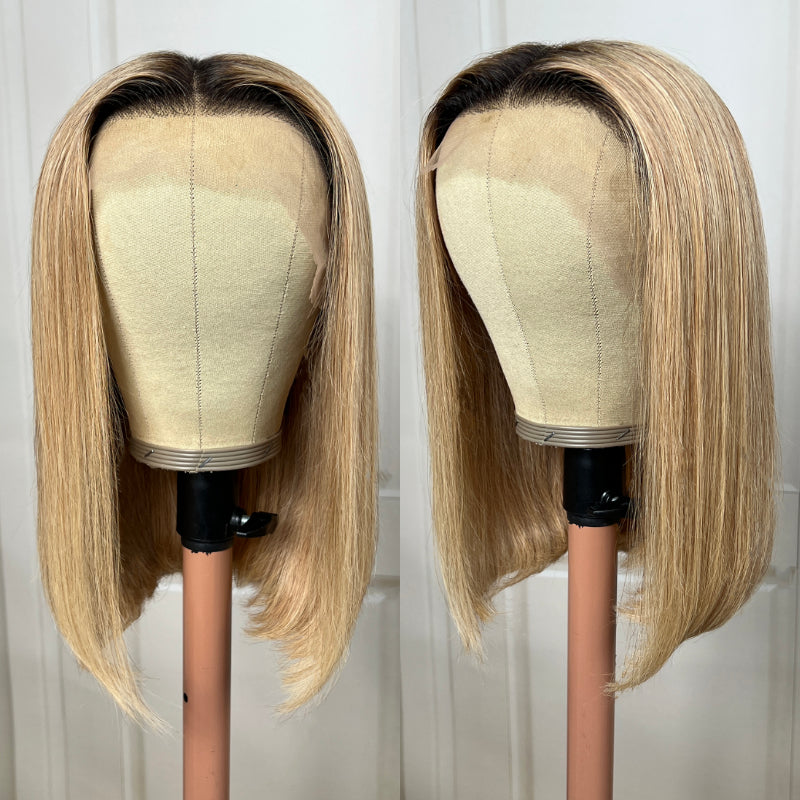 Sunber Ombre Honey Blonde 13x4 Lace Front Short Straight Bob Wig With Dark Roots