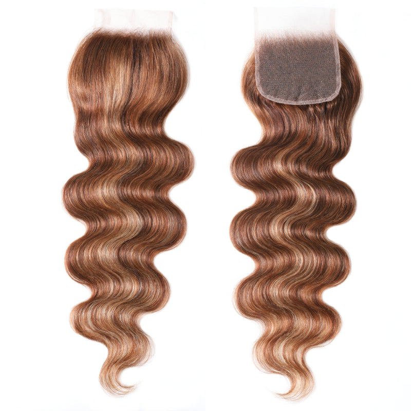 Sunber 1 Pc Blonde Highlight Piano Color Body Wave 4x4 Lace Closure Free Part Human Hair