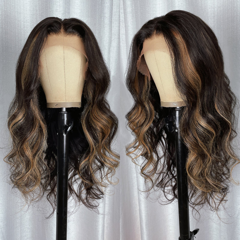 Sunber $100 Off Chocolate Brown With Peek A Boo Blonde Highlights Lace Front Body Wave Wig