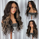 Sunber Chocolate Brown With Peek A Boo Blonde Highlights Lace Front Body Wave Wig