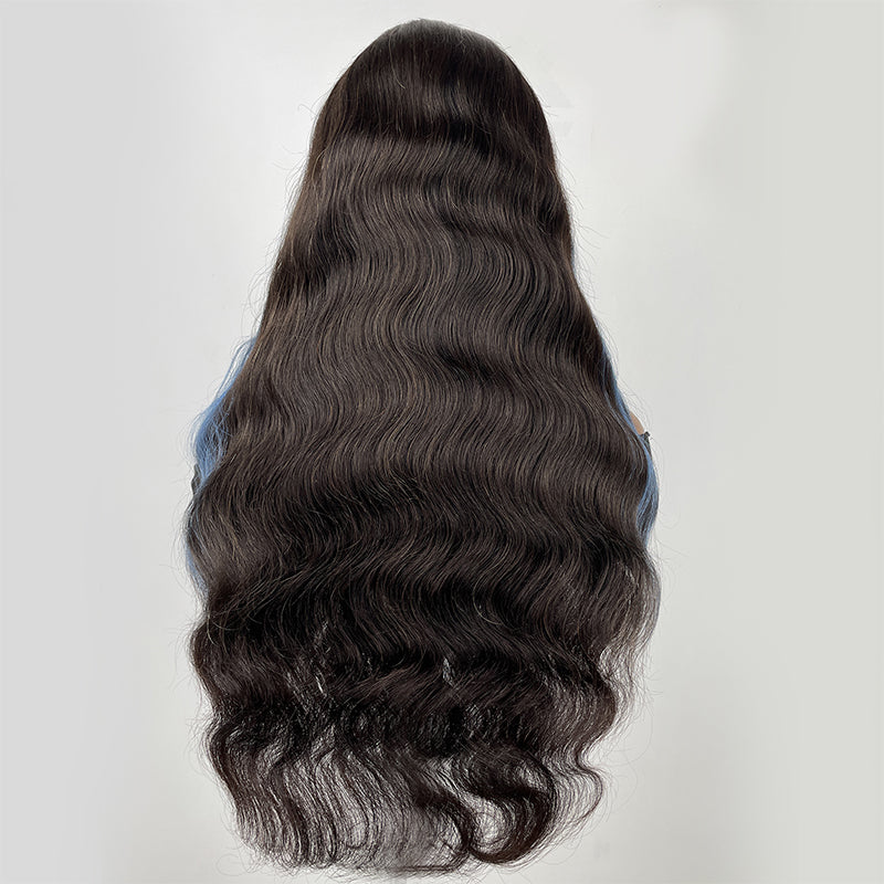 Clearance Sale Sunber Body Wave 13x4 Lace Front Wigs Black With Blue Highlights Skunk Stripe Blue Dream Flash Sale
