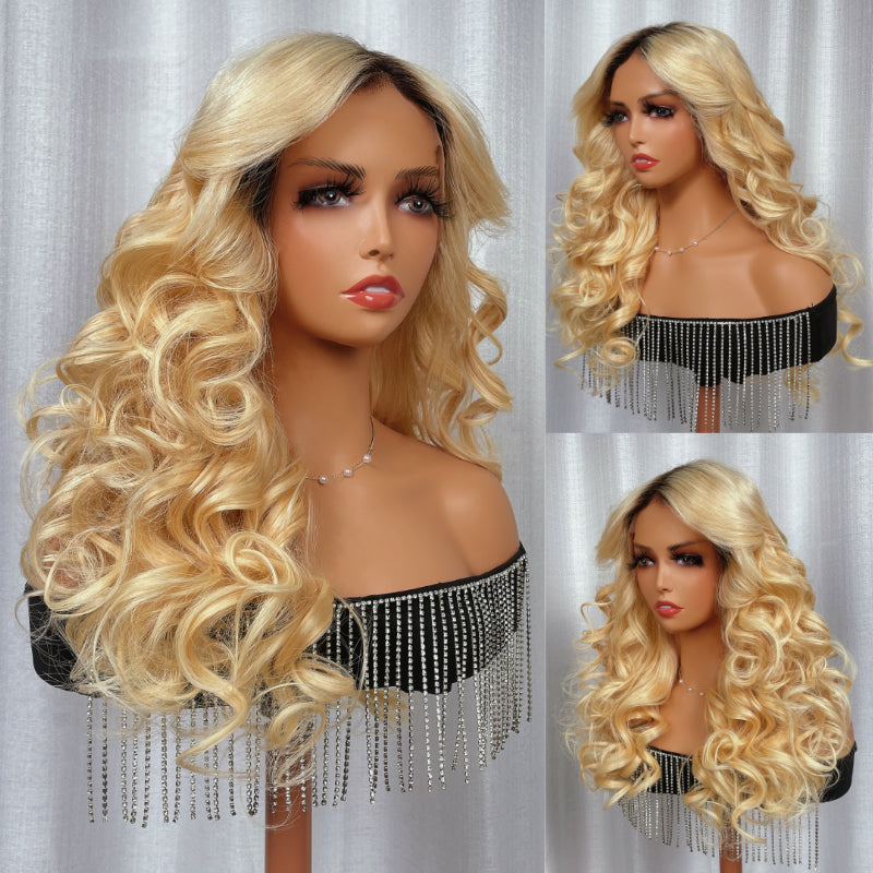 Sunber Hair Dark Roots Golden Color Loose Deep Wave 13x4 Lace Front Wigs 180% Density With Baby Hair