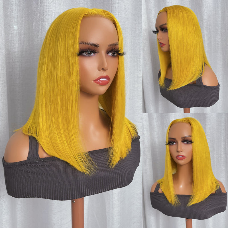 Sunber Lemon Yellow Straight Shoulder Length 13x4 Bob Lace Wig